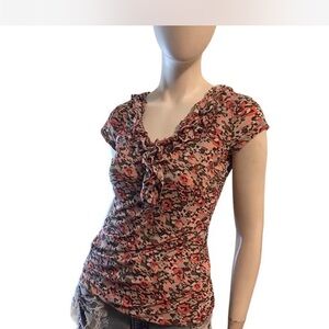 Vintage Y2K Halogen Brown Pink Meshy Floral Print Fairycore Ruffle Blouse Sz M